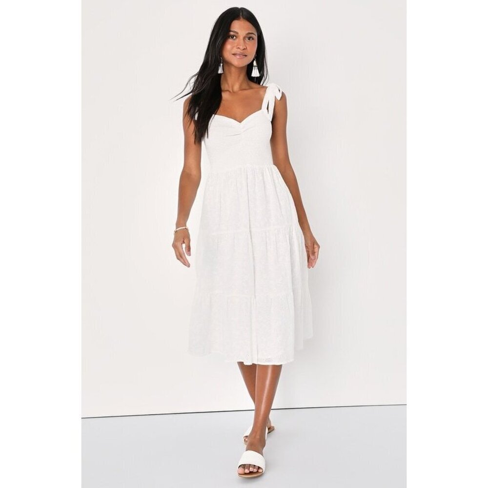 Lulus Très Belle Babe White Eyelet Embroidered Tie-strap Midi Dress - Size XS